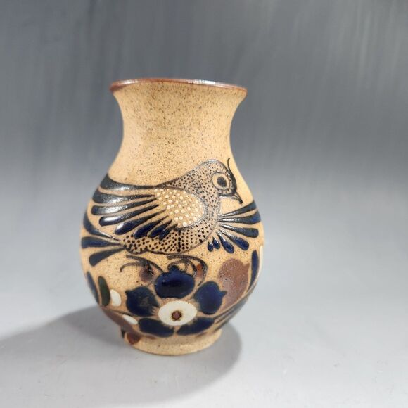 Mini Tonala Vase 4" Brush Holder Studio Pottery Hand Painted Bird Signed Mexico - Picture 2 of 11